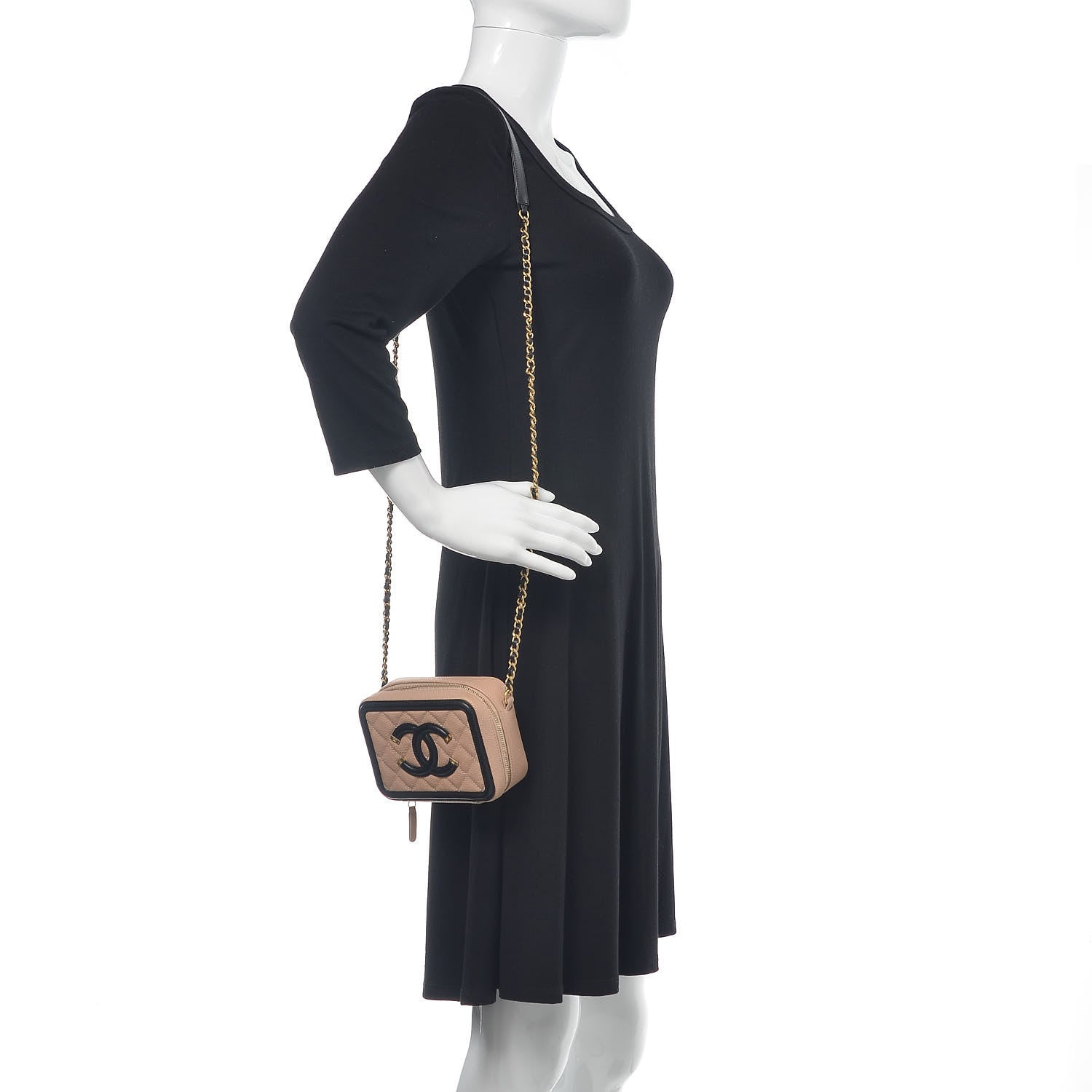 Chanel Caviar Quilted CC Filigree Vanity Clutch With Chain Beige Black 2 of 10