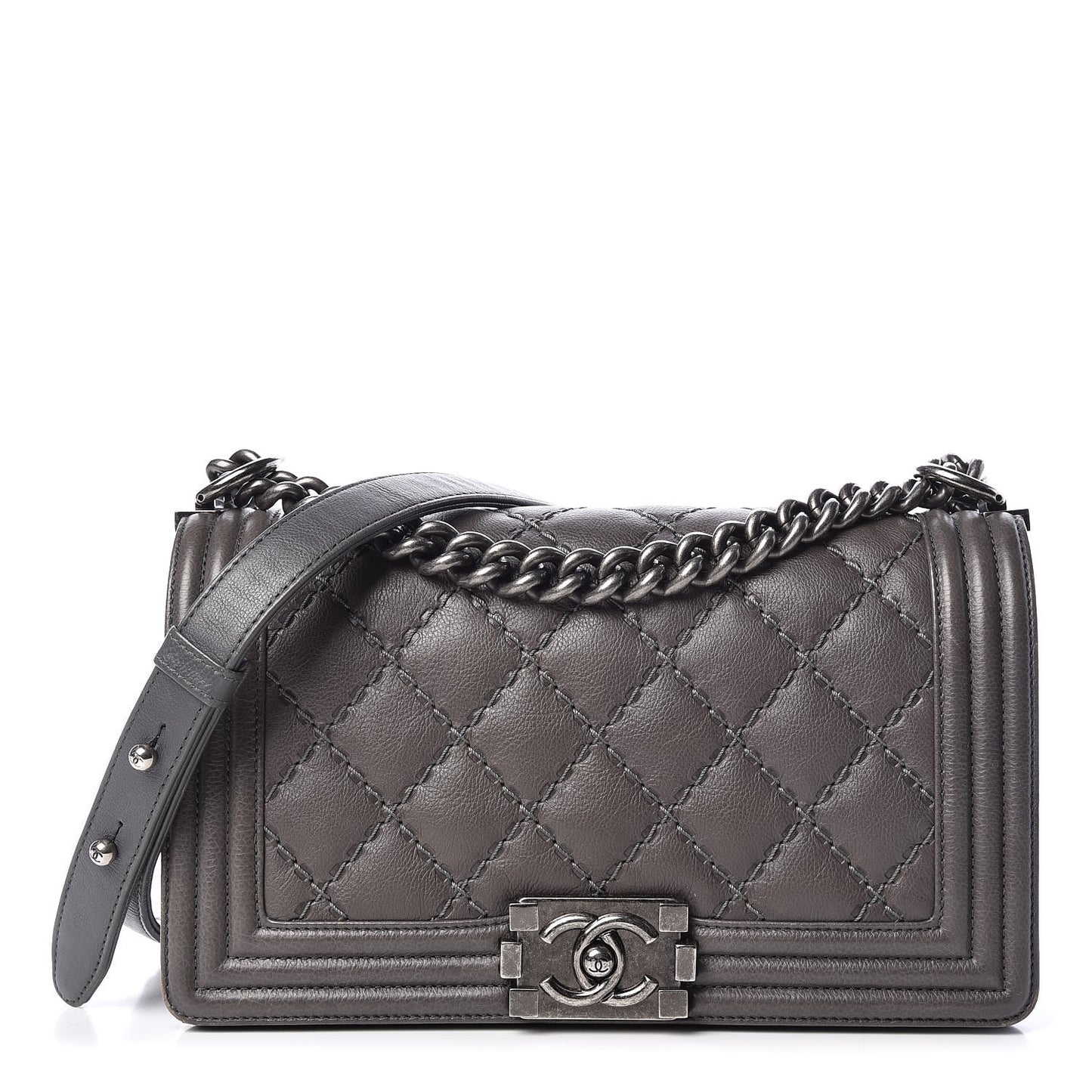 Calfskin Double Stitch Medium Boy Flap Grey
