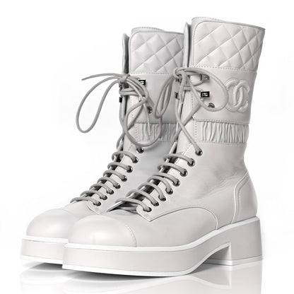 Chanel Lambskin Quilted Lace Up Combat Boots 38 White 3 of 7