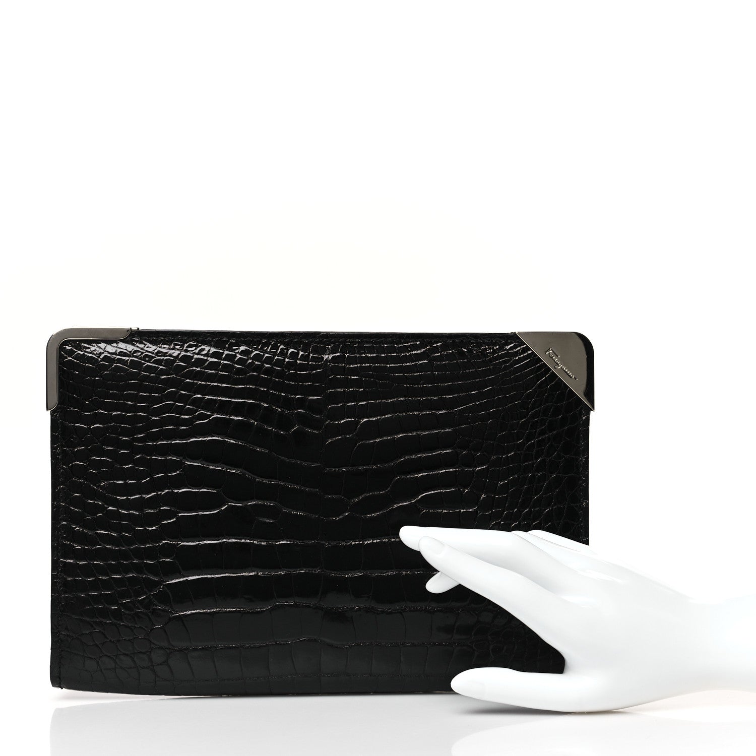 Salvatore Ferragamo Crocodile Frame Clutch Black 2 of 9