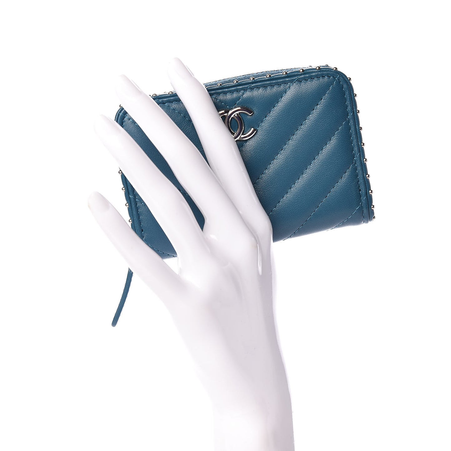 Lambskin Chevron Studded Zip Around Coin Purse Wallet Blue