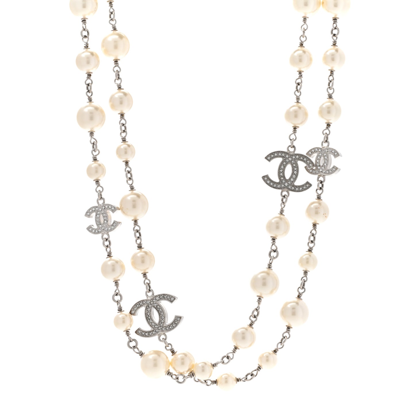 Graduated Pearl Crystal CC Long Necklace Silver