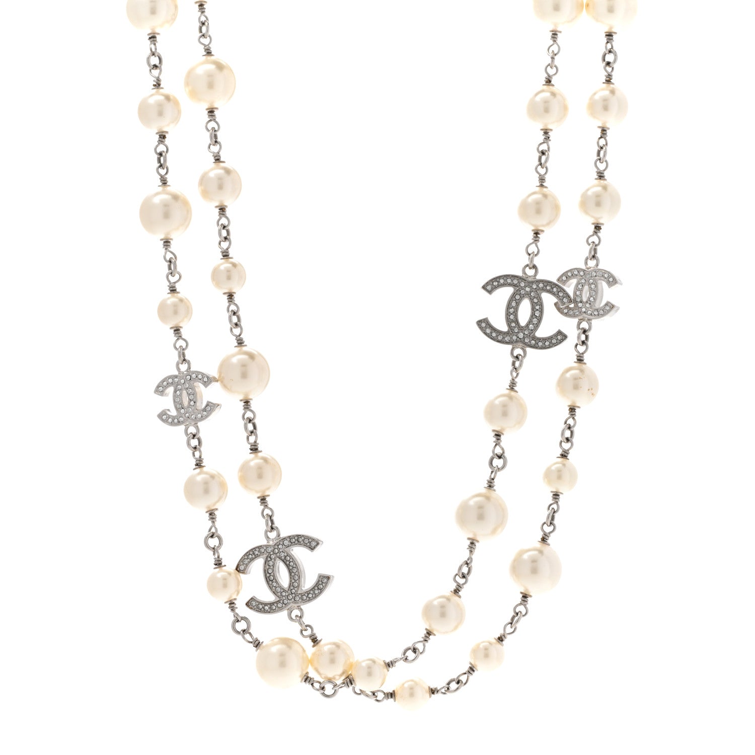 Chanel Graduated Pearl Crystal CC Long Necklace Silver 1 of 6