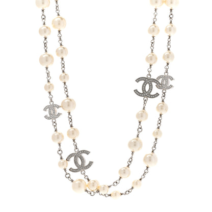 Chanel Graduated Pearl Crystal CC Long Necklace Silver 1 of 6