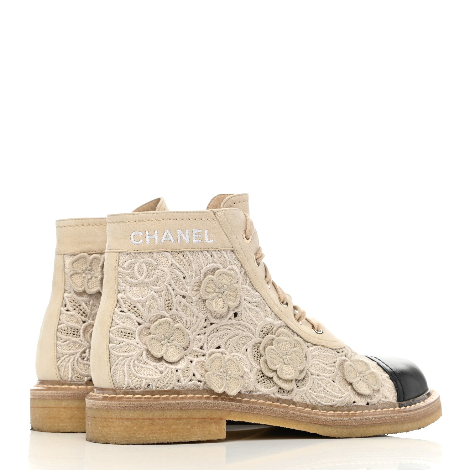 Chanel Embroidered Flower Calfskin Lace Up Boots 39 Beige Black 4 of 9