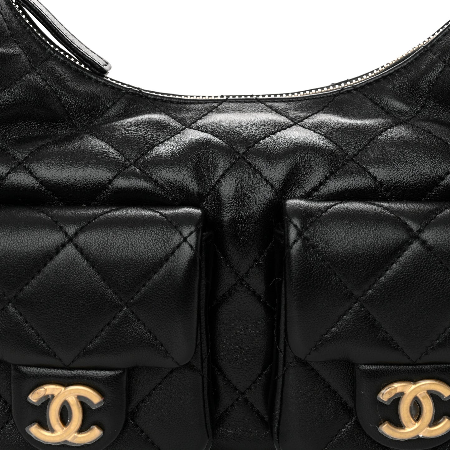Shiny Lambskin Quilted Trendy Pockets Hobo Black