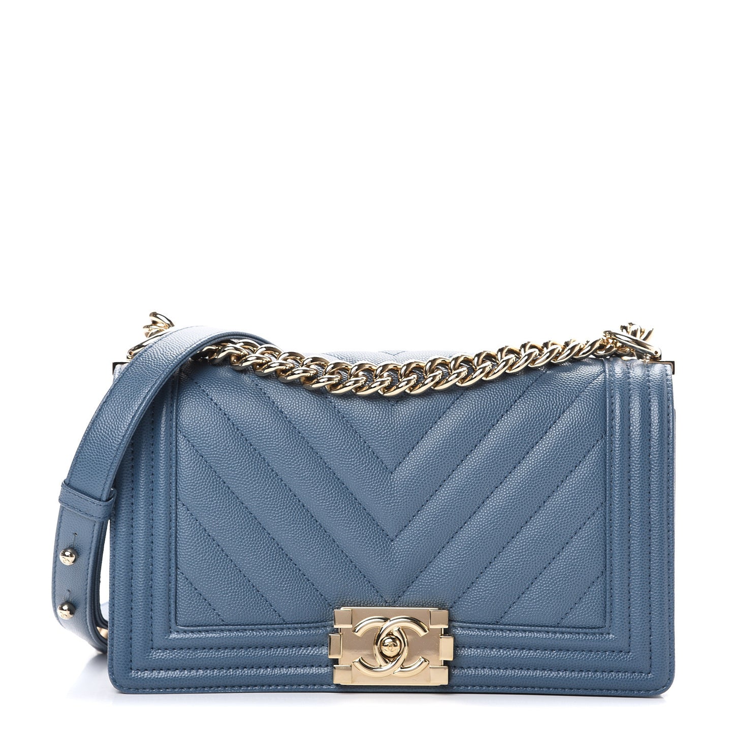 Caviar Chevron Quilted Medium Boy Flap Blue