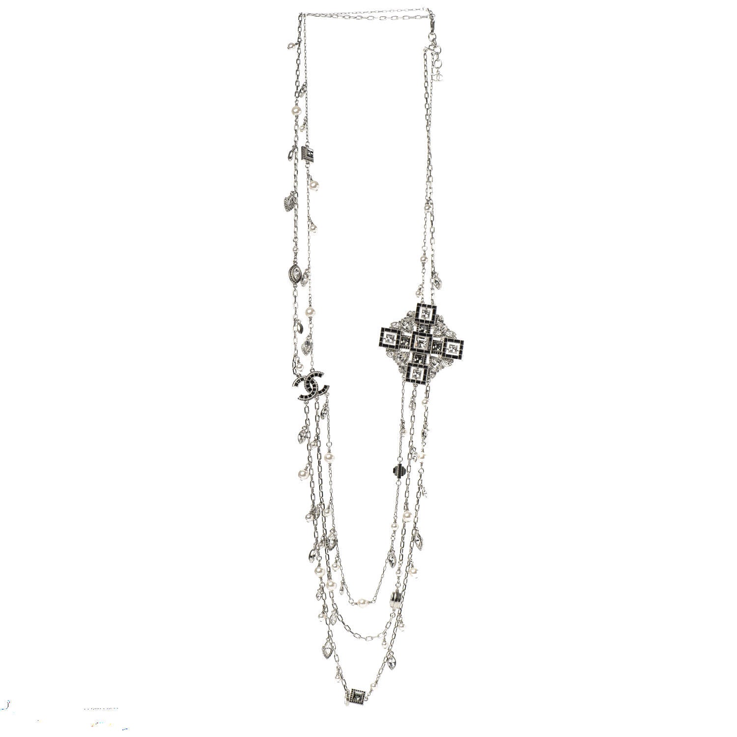 Chanel Pearl Baguette Crystal CC Maltese Cross Necklace Silver Black 4 of 6