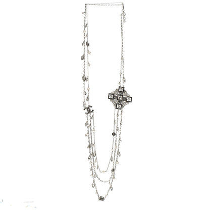 Chanel Pearl Baguette Crystal CC Maltese Cross Necklace Silver Black 4 of 6