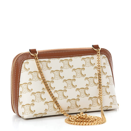 Celine Lambskin Triomphe Canvas Clutch With Chain White Tan 3 of 10