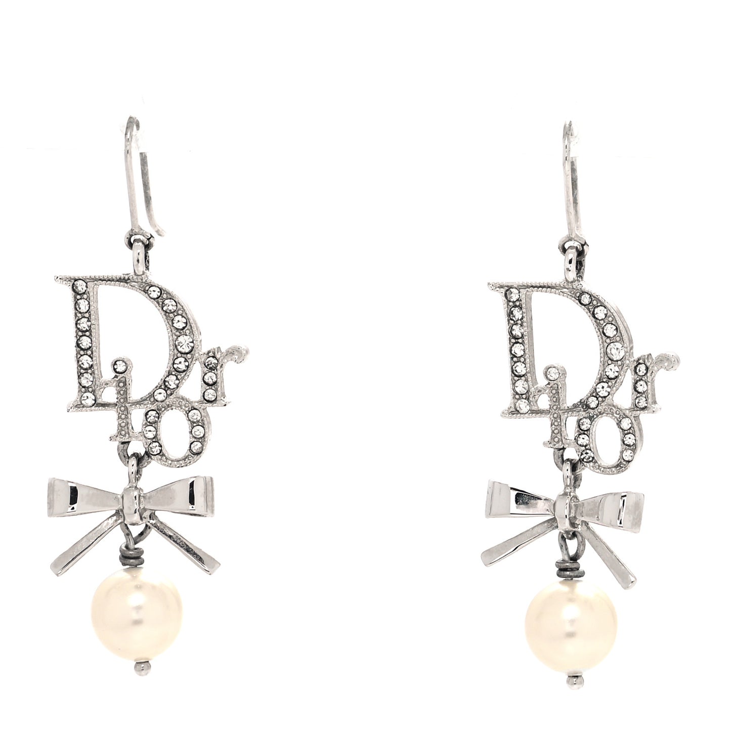 Crystal Pearl Bow Earrings Silver
