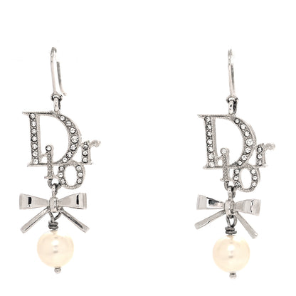 Christian Dior Crystal Pearl Bow Earrings Silver 1 of 3