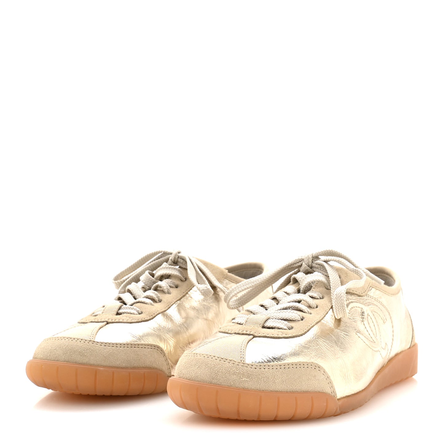 Laminated Calfskin Suede CC Sneakers 38 Gold