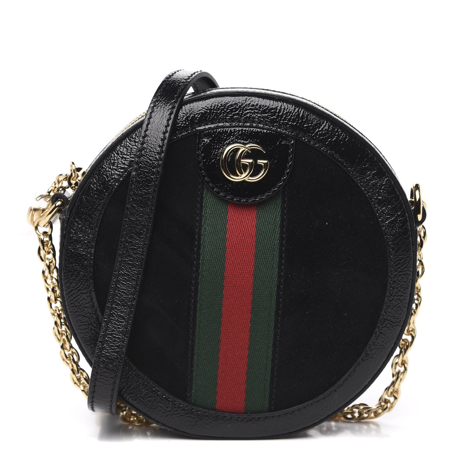 Gucci Suede Patent Web Mini Ophidia Round Shoulder Bag Black 1 of 11