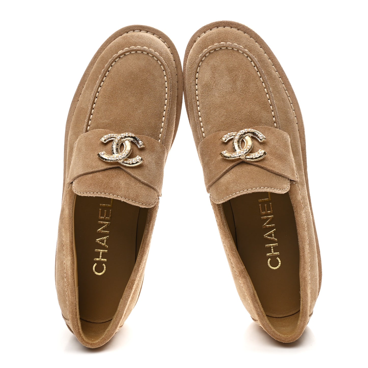 Suede Calfskin Pearl CC Moccasin Loafers 37 Dark Beige