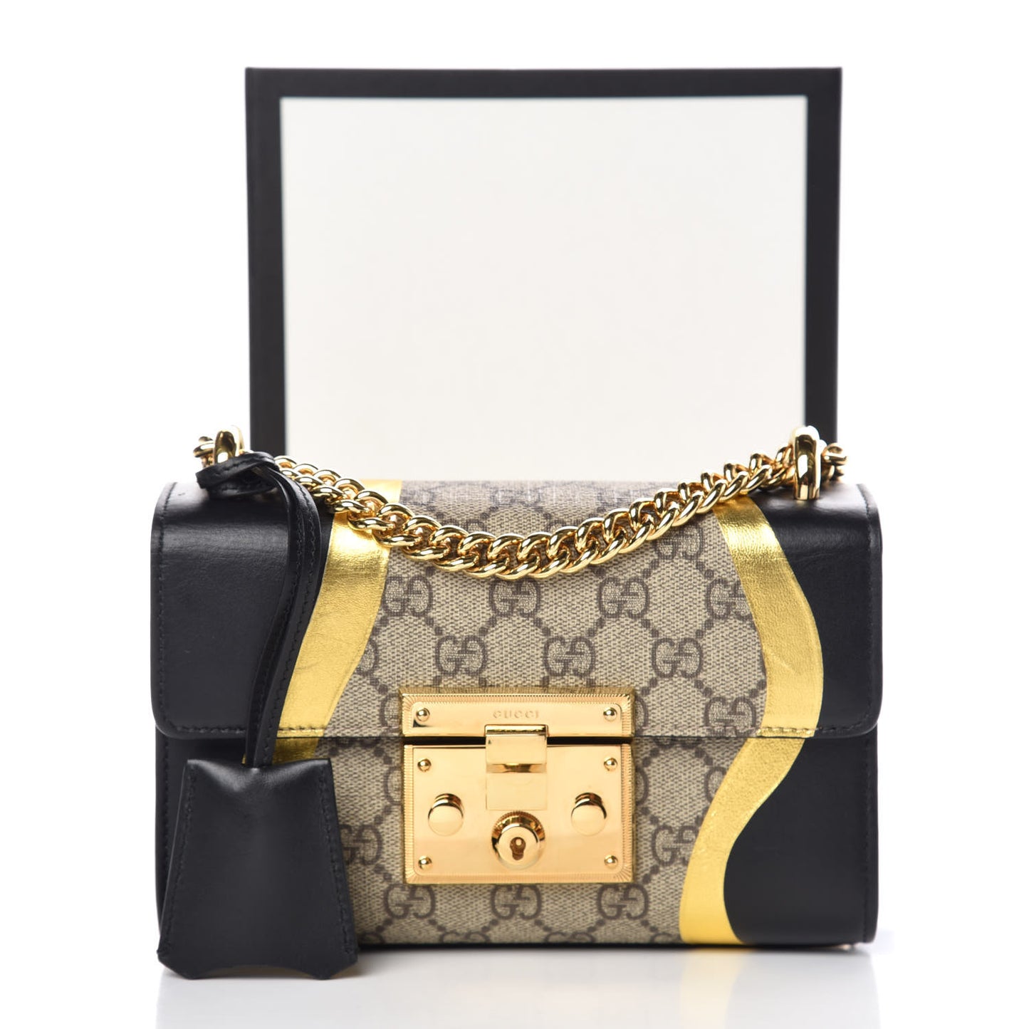 Calfskin GG Supreme Monogram Small Padlock Shoulder Bag Black Gold