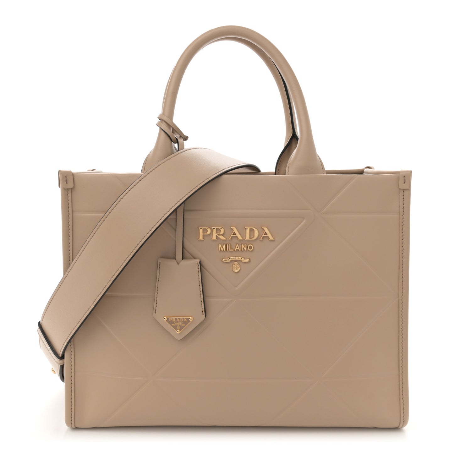 Soft Calfskin Triangolo Symbole Embossed Small Tote Beige Khaki