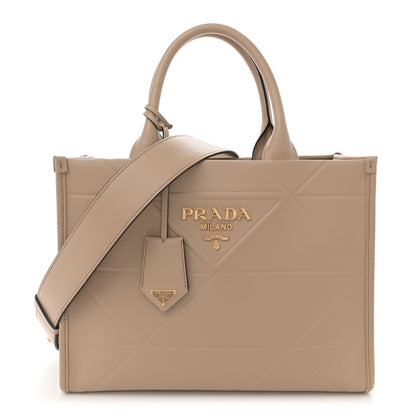 Prada Soft Calfskin Triangolo Symbole Embossed Small Tote Beige Khaki 1 of 10