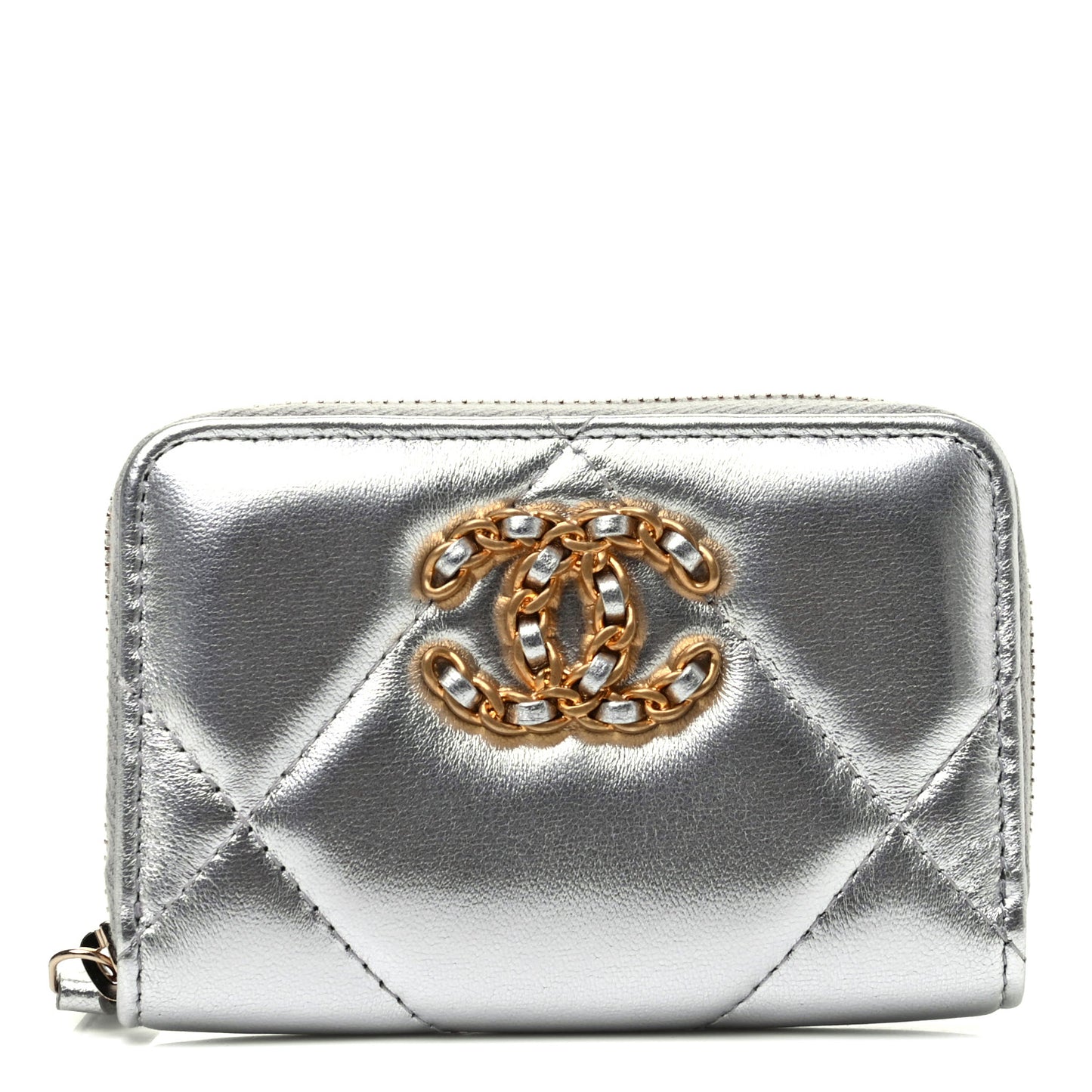 Metallic Goatskin Quilted Chanel 19 Zip Around Coin Purse Wallet Silver