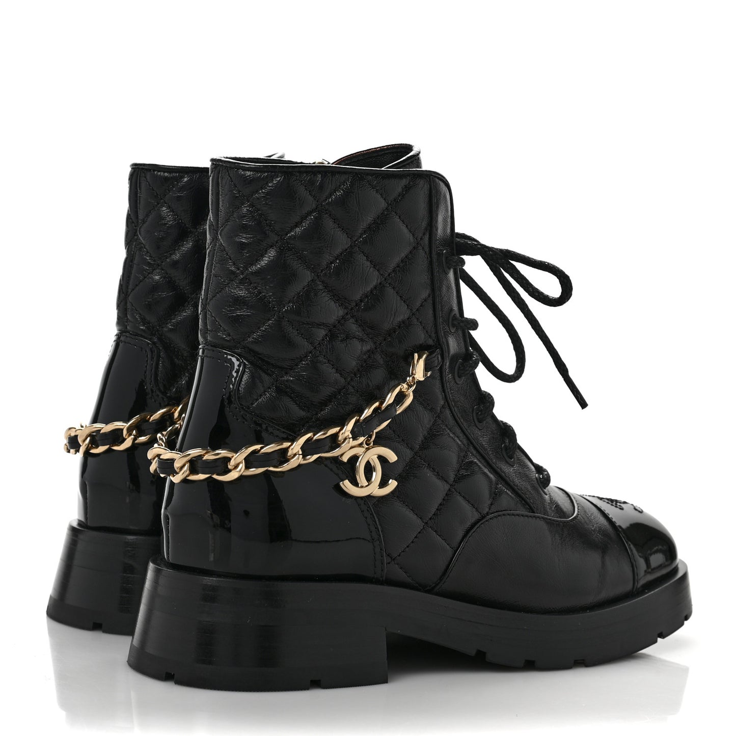 Shiny Calfskin Patent Quilted Chain Lace Up Combat Boots 36.5 Black