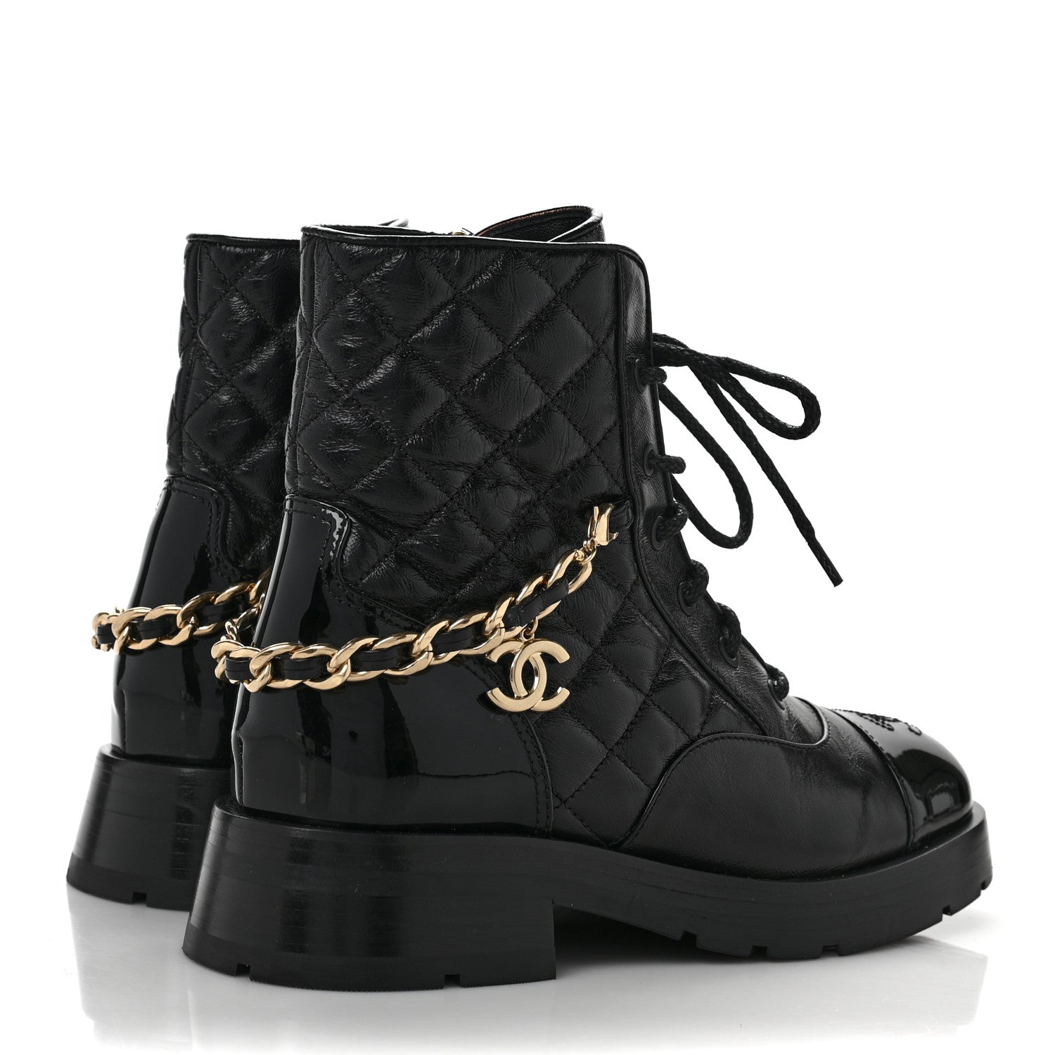 Chanel Shiny Calfskin Patent Quilted Chain Lace Up Combat Boots 36.5 Black 4 of 10