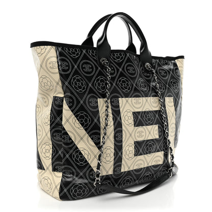 Chanel Coated Canvas Camellia Medium Shopping Tote Black Beige 3 of 9