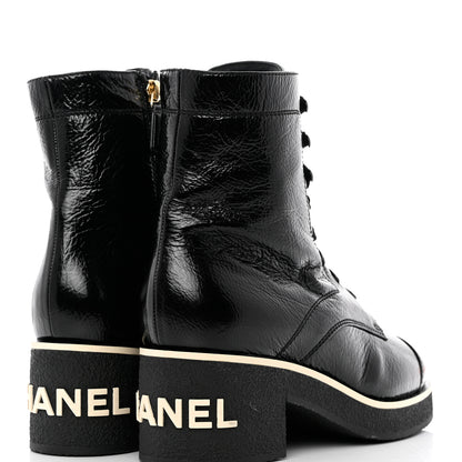 Chanel Shiny Crumpled Lambskin Lace Up Combat Boots 40.5 Black 4 of 9