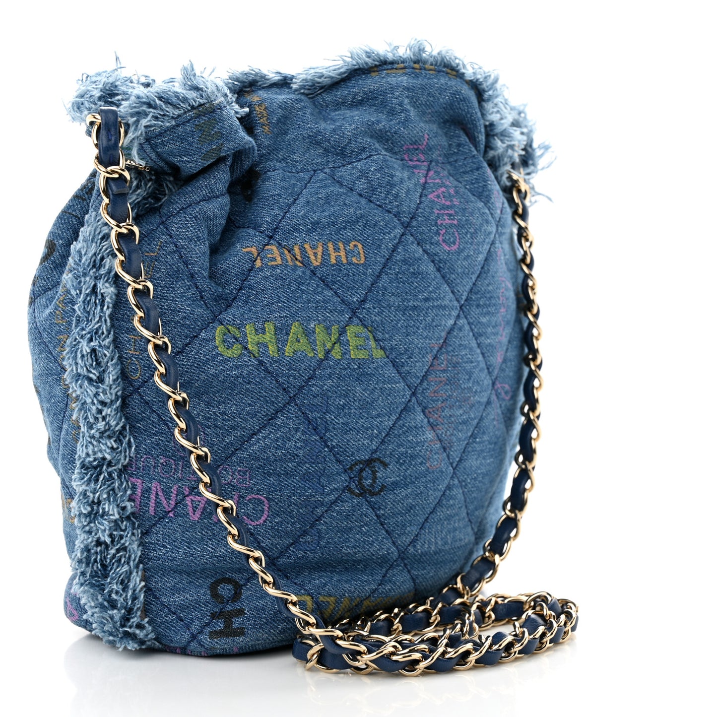 Denim Quilted Mood Bucket With Chain Blue Multicolor