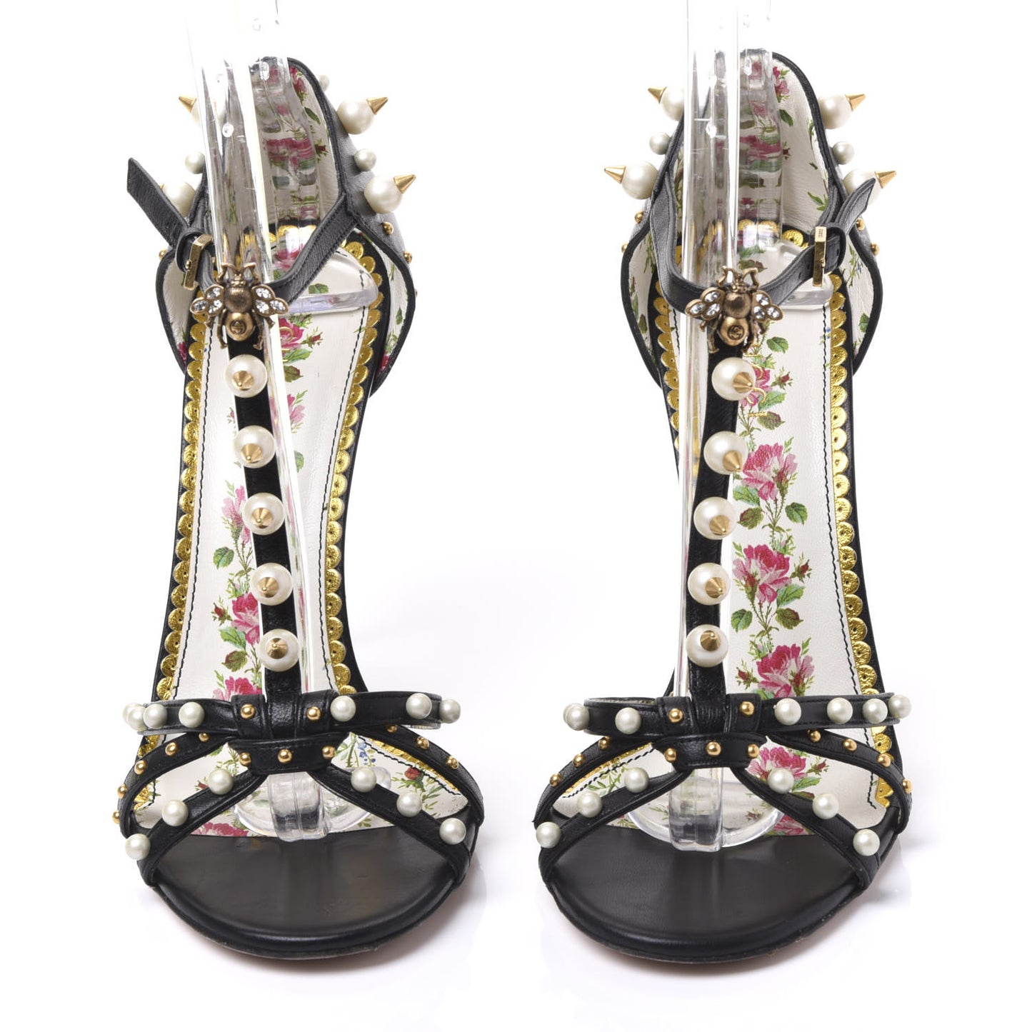 Calfskin Pearl Studded Regina T-Strap High Heel Sandals 37 Black