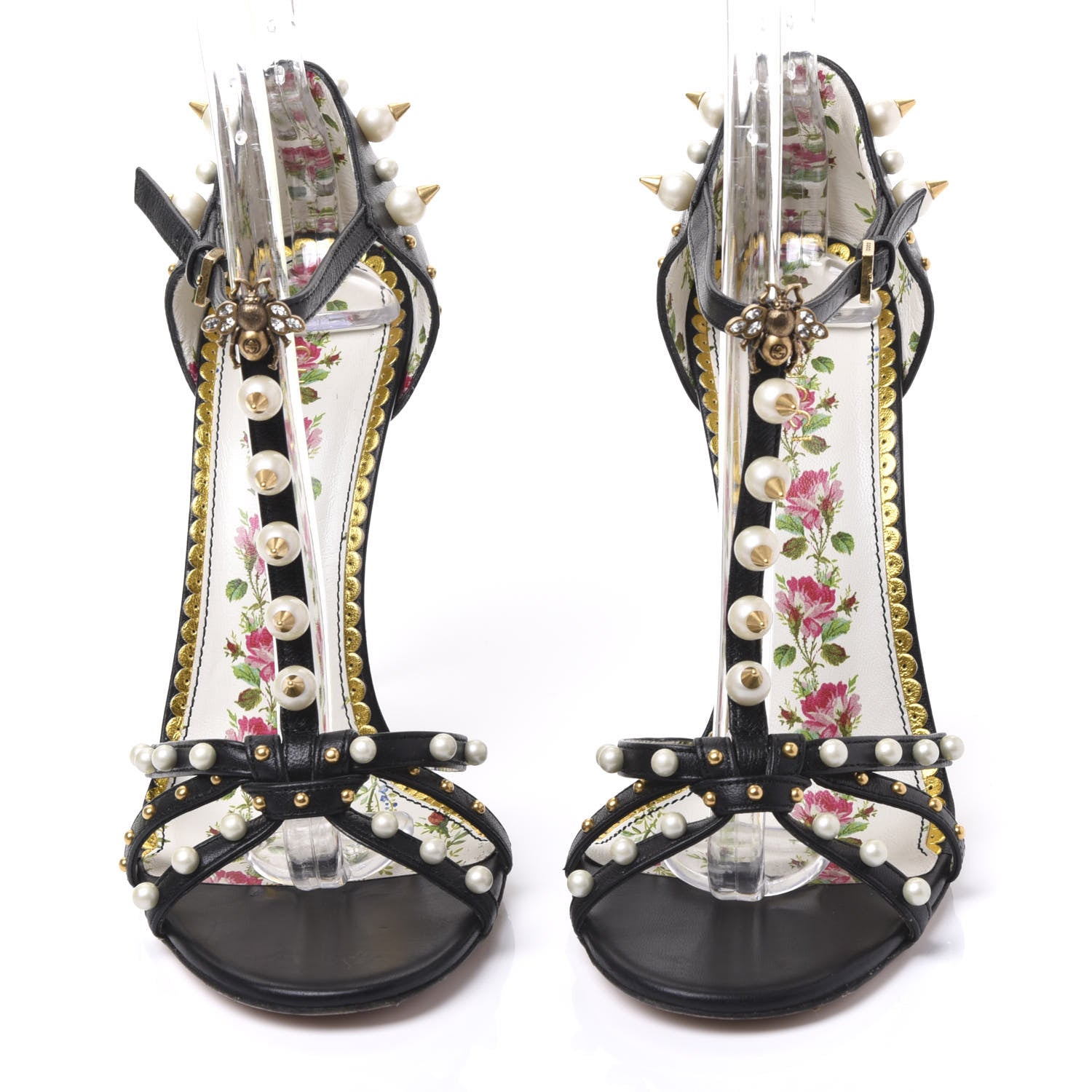 Gucci Calfskin Pearl Studded Regina T-Strap High Heel Sandals 37 Black 2 of 7