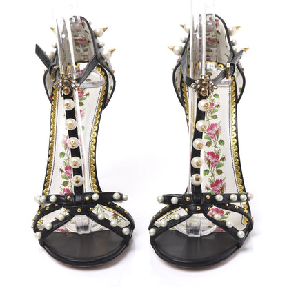 Gucci Calfskin Pearl Studded Regina T-Strap High Heel Sandals 37 Black 2 of 7