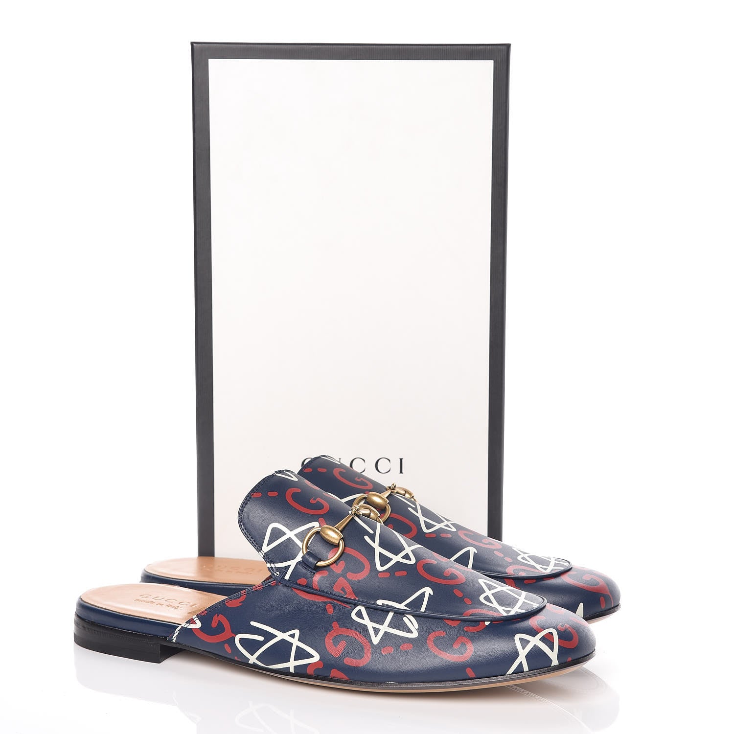 Gucci Calfskin GucciGhost Print Mens Princetown Slippers 12 Blue Agata Hibiscus Red 8 of 8