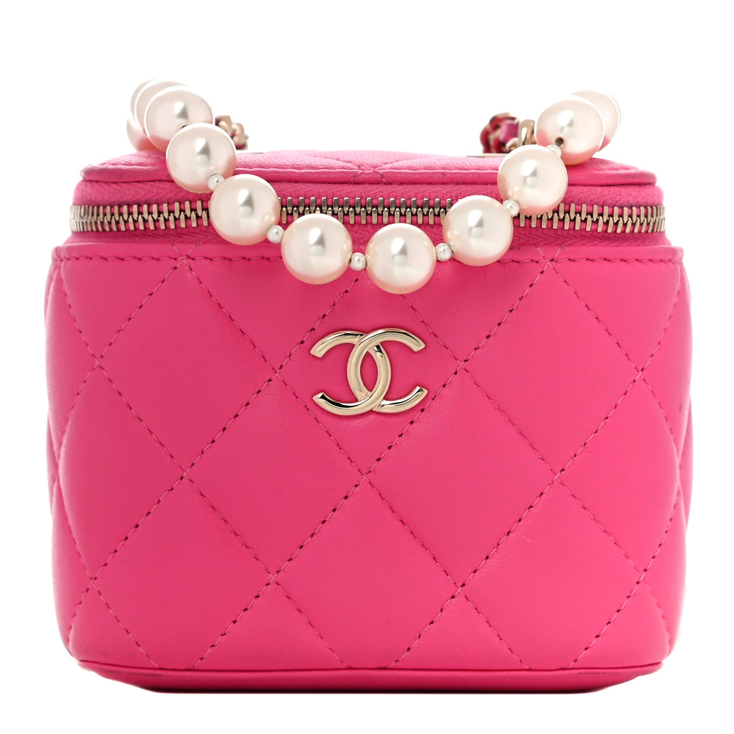 Chanel Lambskin Quilted Mini Vanity Case With Pearl Chain Pink 1 of 11