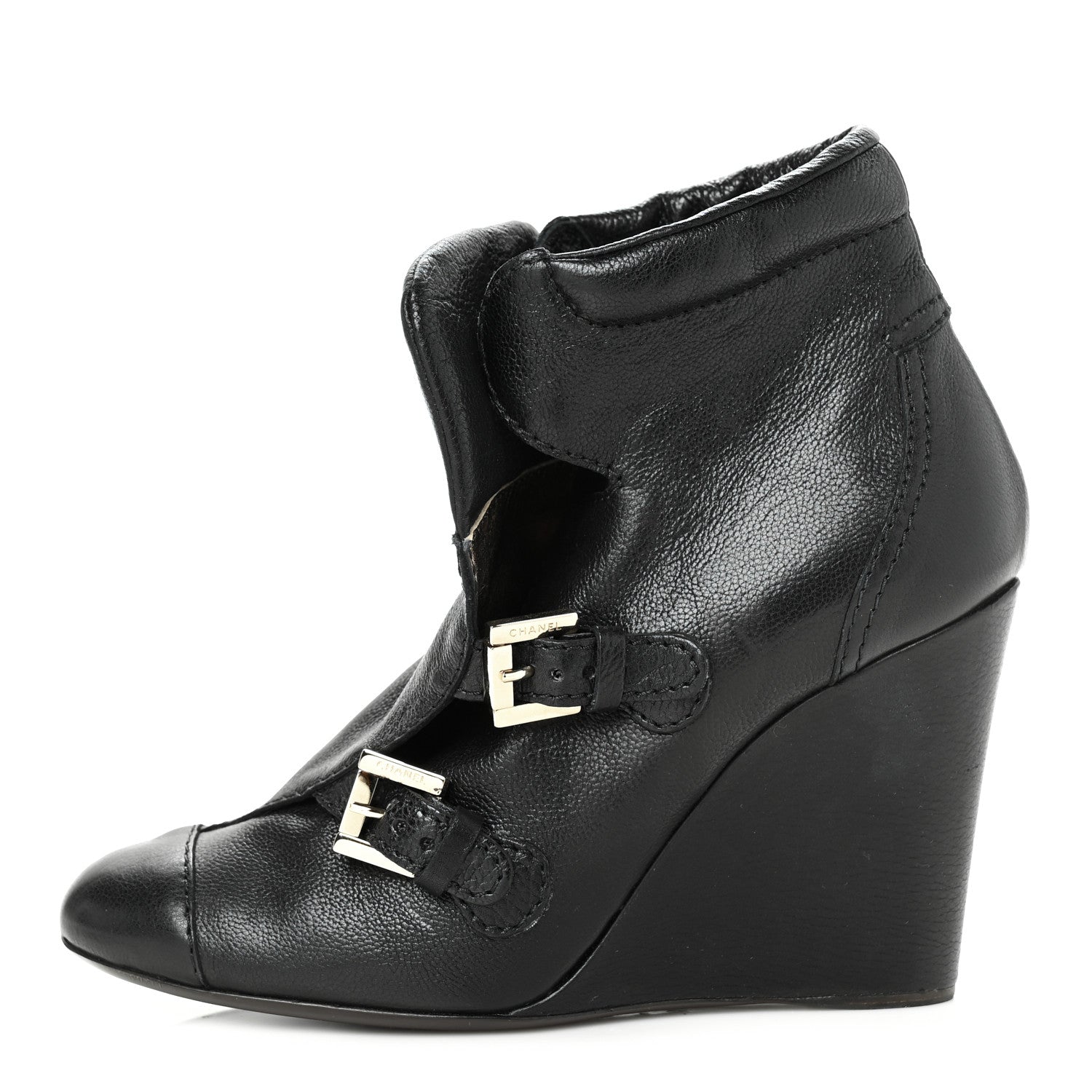 Chanel Calfskin Ankle Wedge Boots 38.5 Black 1 of 7