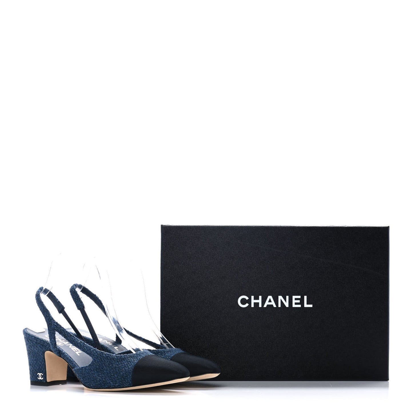 Tweed Grosgrain Cap Toe CC Slingback Pumps 38.5 Blue Black
