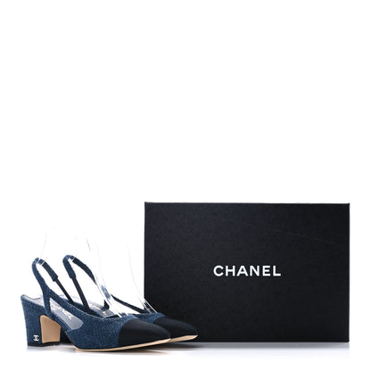 Chanel Tweed Grosgrain Cap Toe CC Slingback Pumps 38.5 Blue Black 8 of 8