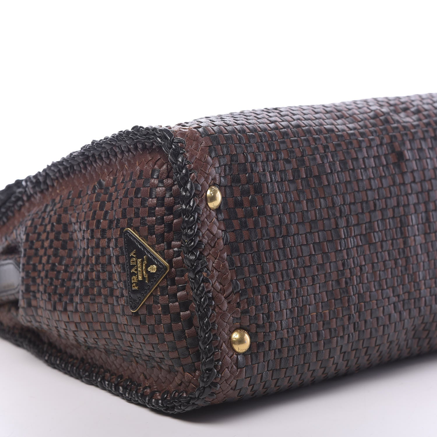 Prada Goatskin Woven Top Handle Satchel Moro Black 8 of 9