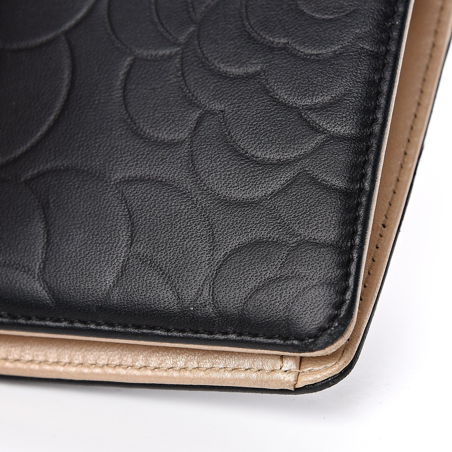 Lambskin Camellia Embossed Yen Wallet Black