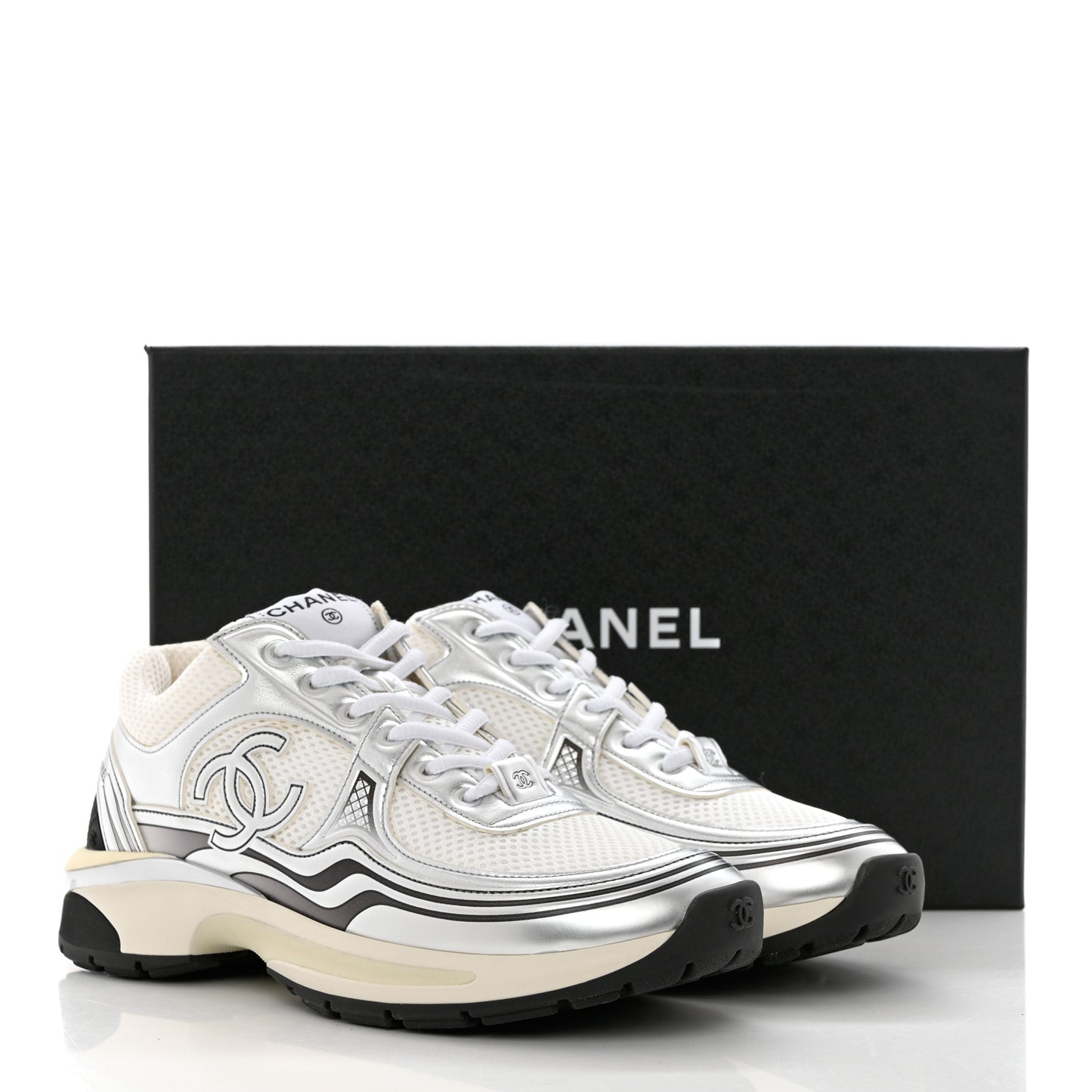 Fabric Laminated Calfskin Stretch CC Sneakers 38.5 White Silver