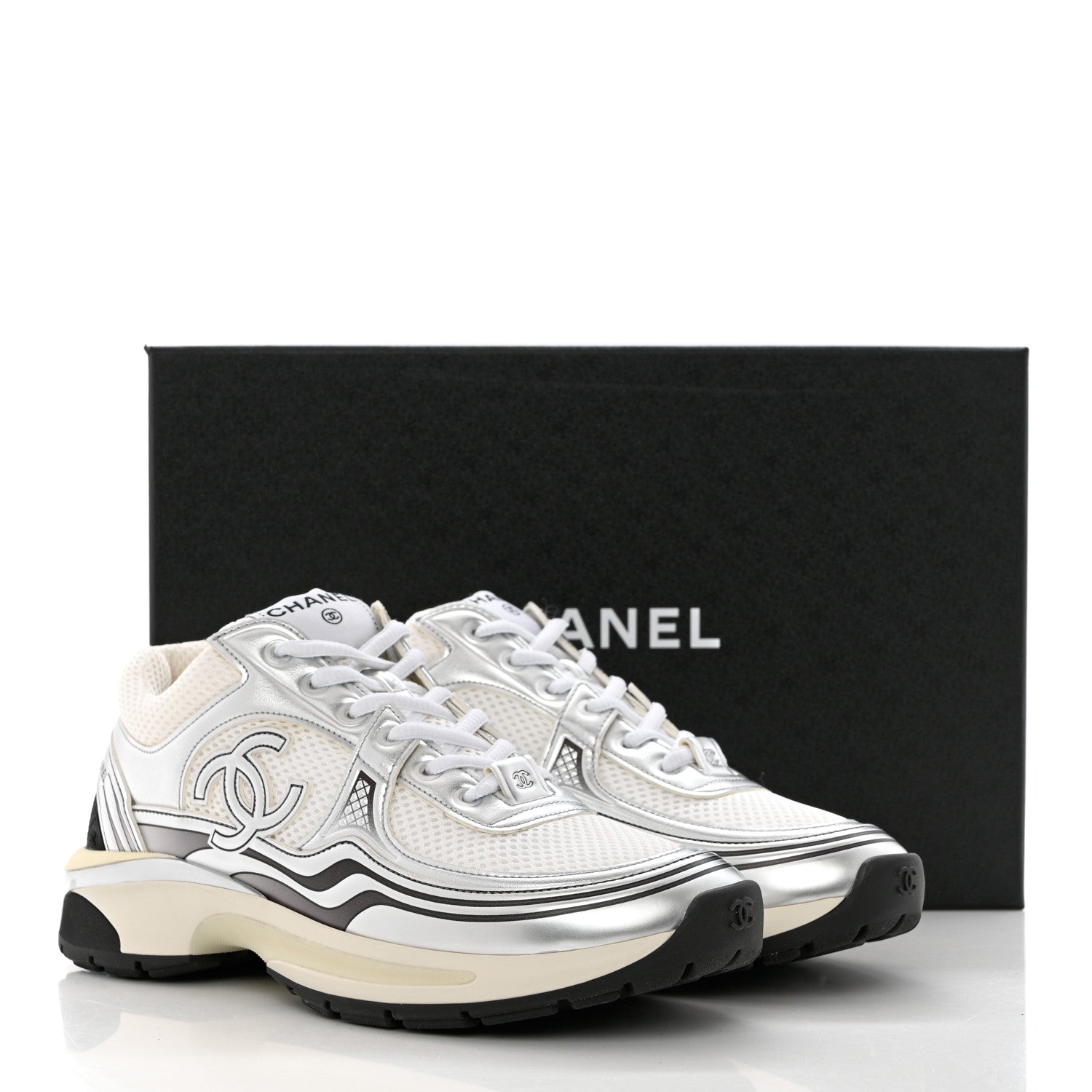 Chanel Fabric Laminated Calfskin Stretch CC Sneakers 38.5 White Silver 9 of 9