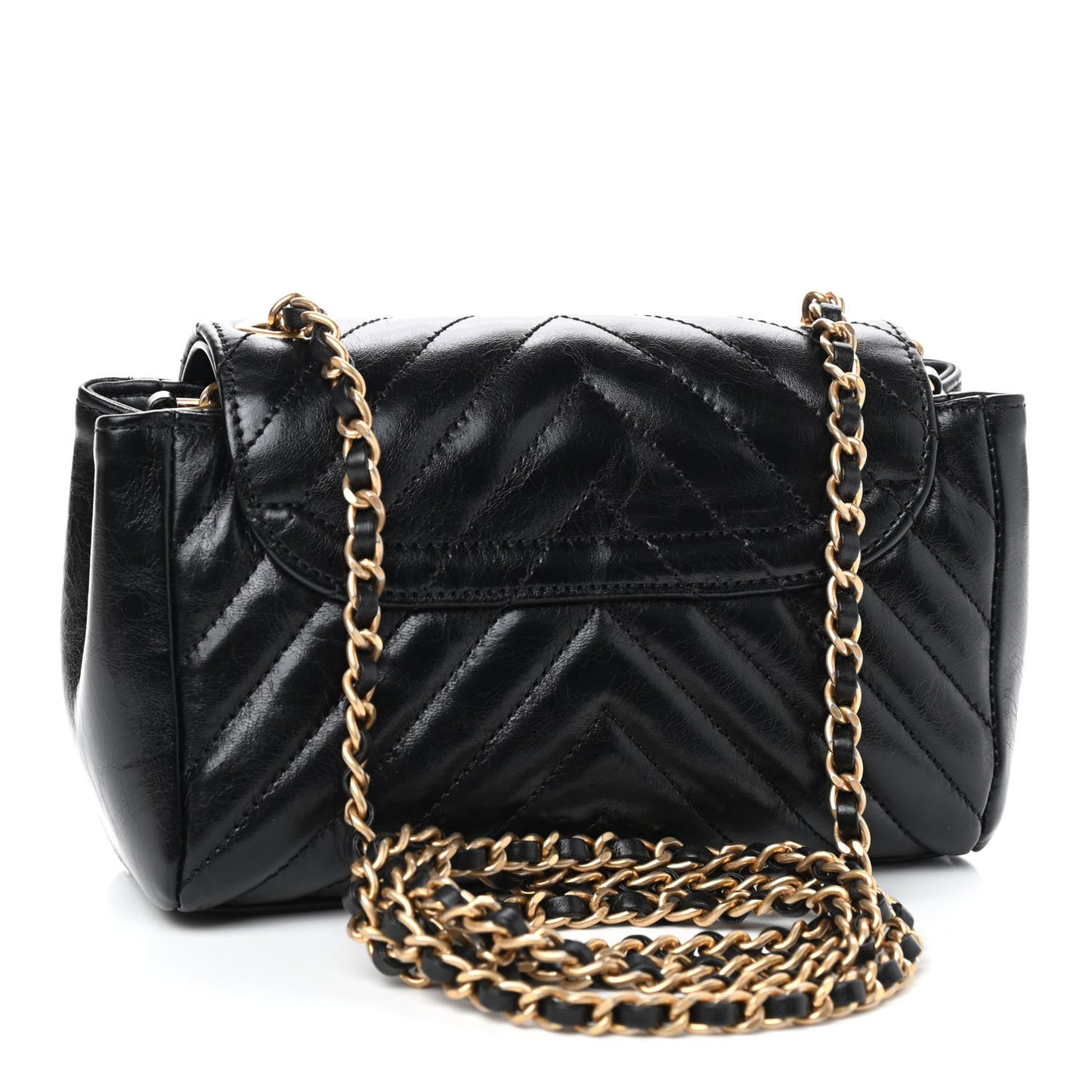 Glazed Calfskin Chevron Quilted Small Hampton Flap Black