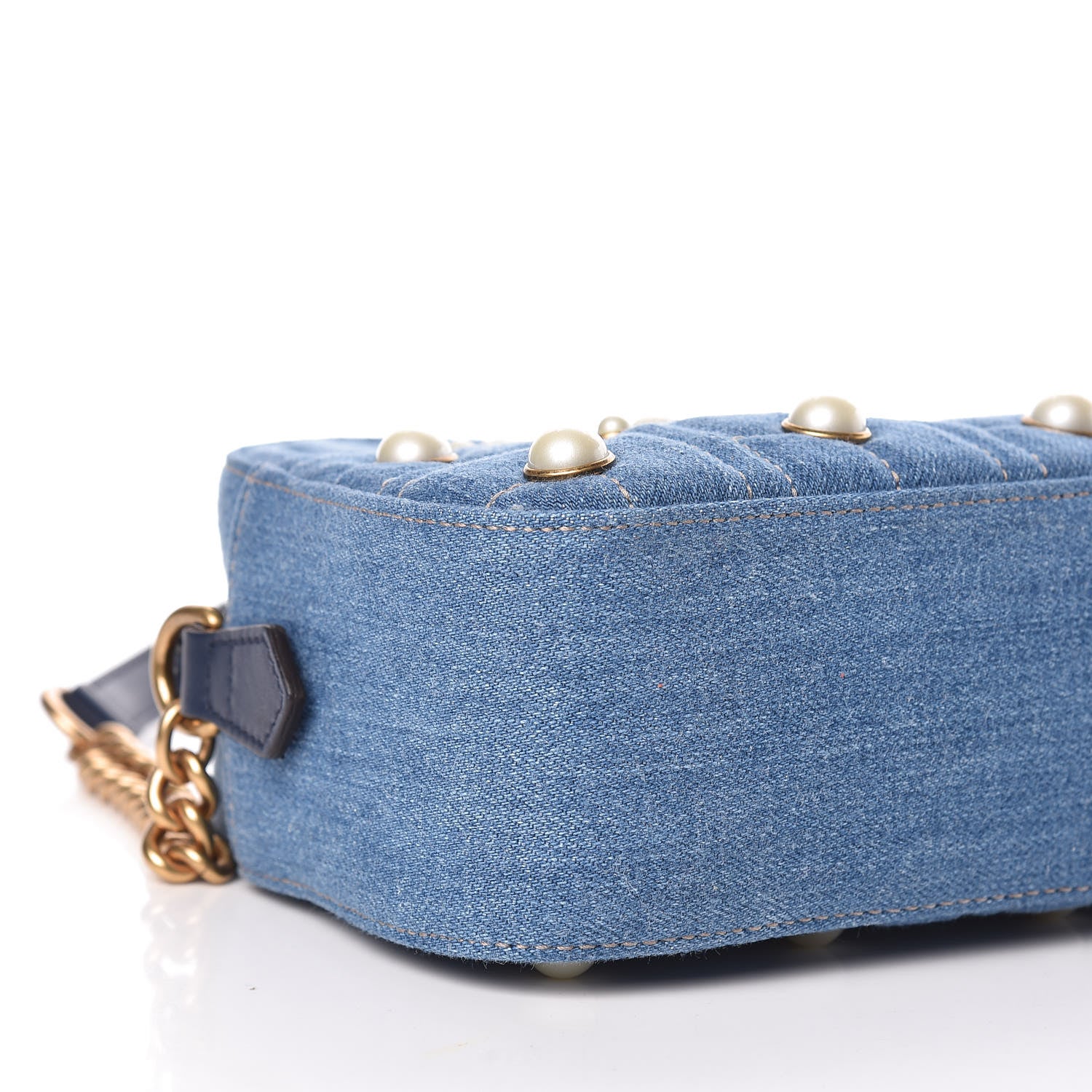 Gucci Denim Matelasse Pearl Studded Small GG Marmont Chain Shoulder Bag Blue 7 of 9