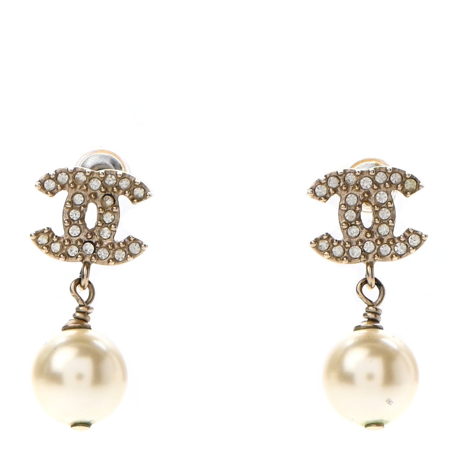 Chanel Crystal Pearl CC Drop Earrings Gold 1 of 6