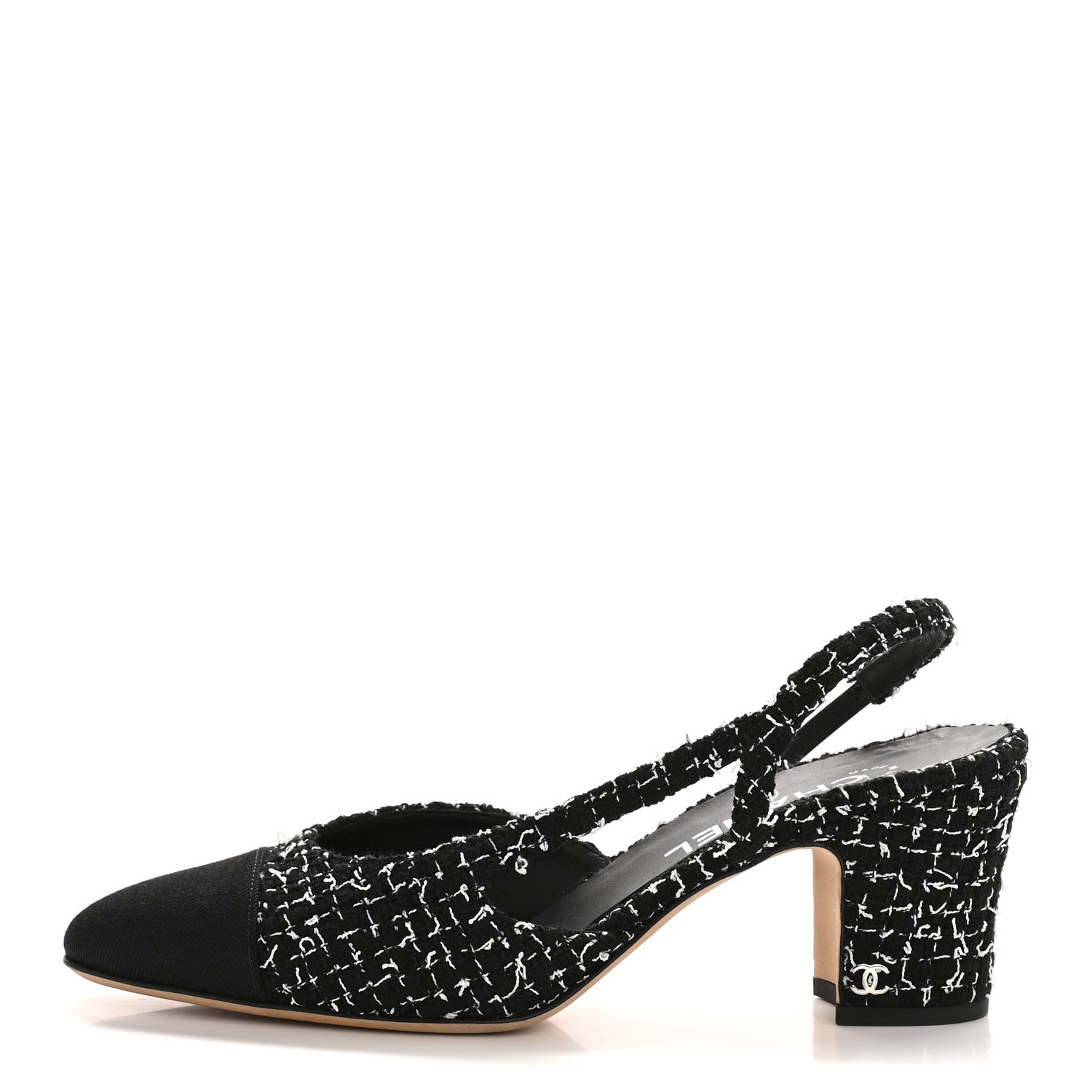 Chanel Tweed Grosgrain Cap Toe CC Slingback Pumps 39 Black White 1 of 11
