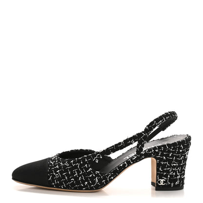 Chanel Tweed Grosgrain Cap Toe CC Slingback Pumps 39 Black White 1 of 11