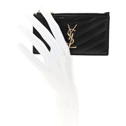 Saint Laurent Grain De Poudre Matelasse Chevron Monogram Fragments Zippered Card Case Black 2 of 6