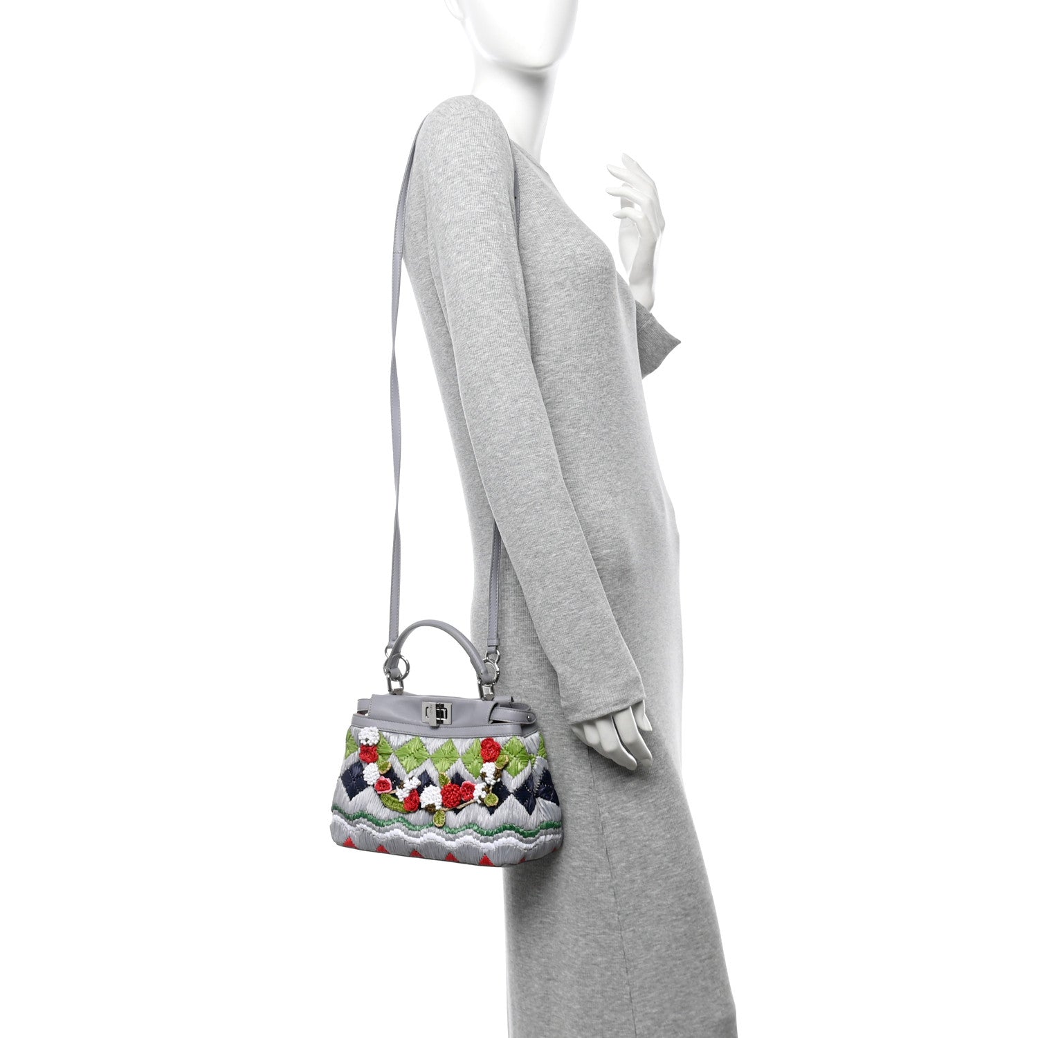 Fendi Nappa Raffia Embroidered Mini Peekaboo Iconic Satchel Grey Multicolor 2 of 10