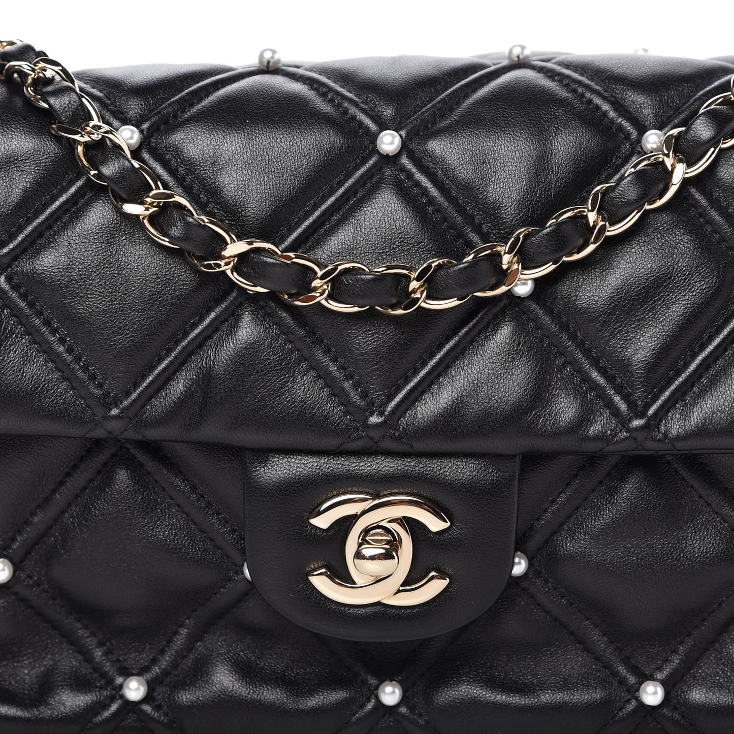 Lambskin Quilted Pearl Studded Flap Black