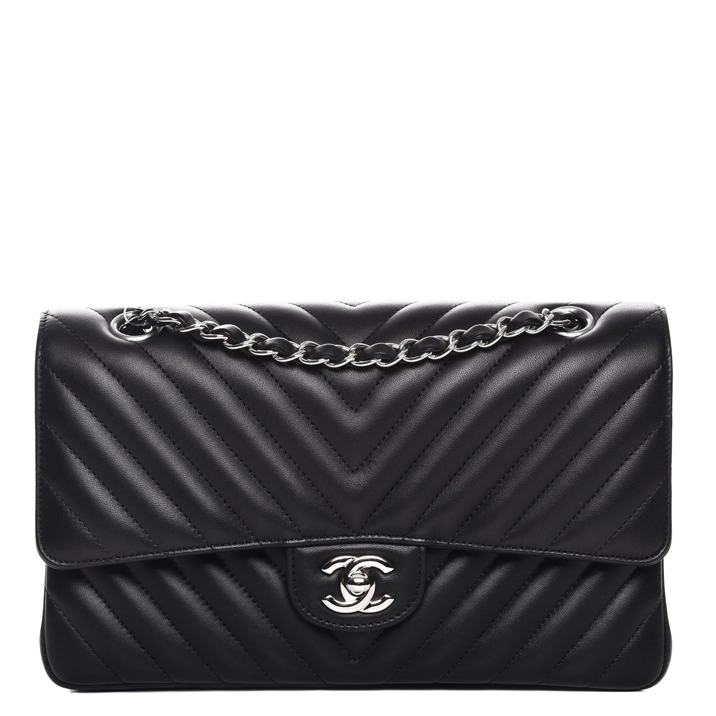 Lambskin Chevron Quilted Medium Double Flap Black