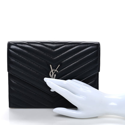Saint Laurent Lambskin Matelasse Chevron Monogram Cassandre Flap Pouch Navy 2 of 8